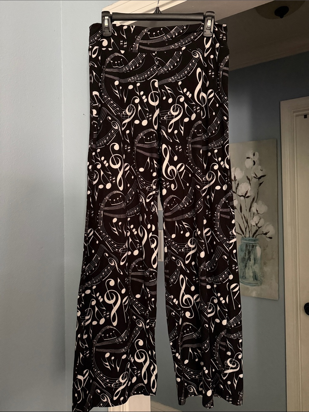 Women's Black Musical-Note Wide-Leg Pajama Pants